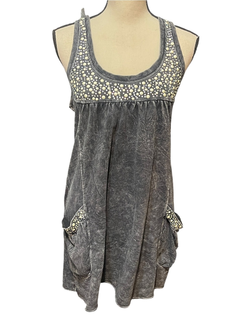 Retro Y2K 2000 Long Line Mineral wash Tank Top with Rhinestone Embellishment M